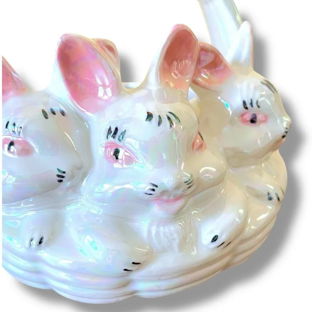 Vintage Atlantic Mold Ceramic Easter Basket Iridescent Bunny Rabbits Candy Dish